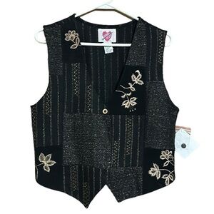 Keren Hart Vintage Vest Wool Leather Blend Embroidered Flowers Black Size M NWT